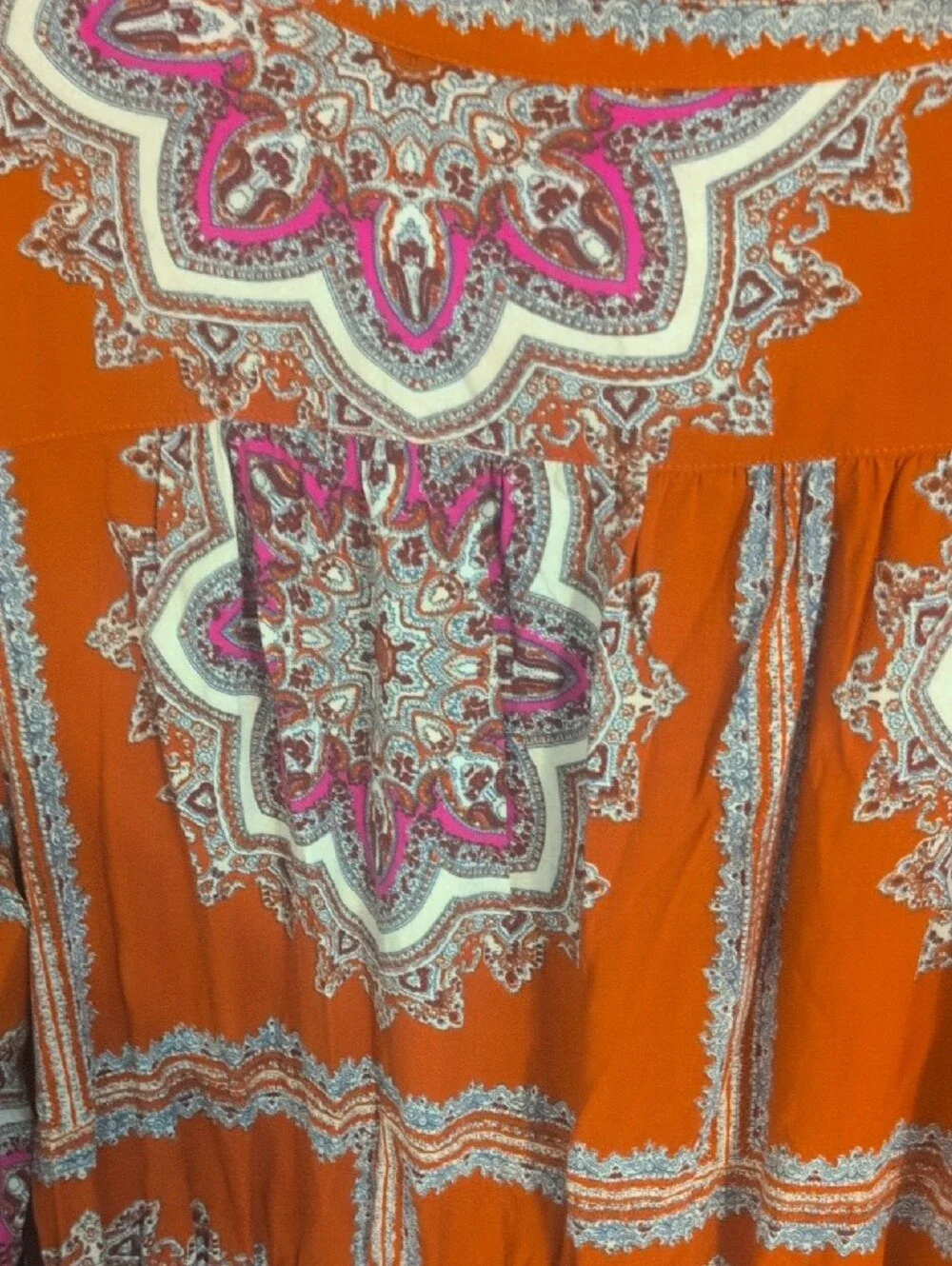 Rust Paisley Button-Front Boho Dress